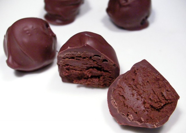 Chocolates made with microwaved tempered dark chocolate.
